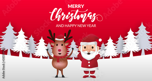 cute illustration reindeer and santa claus for merry christmas and happy new year