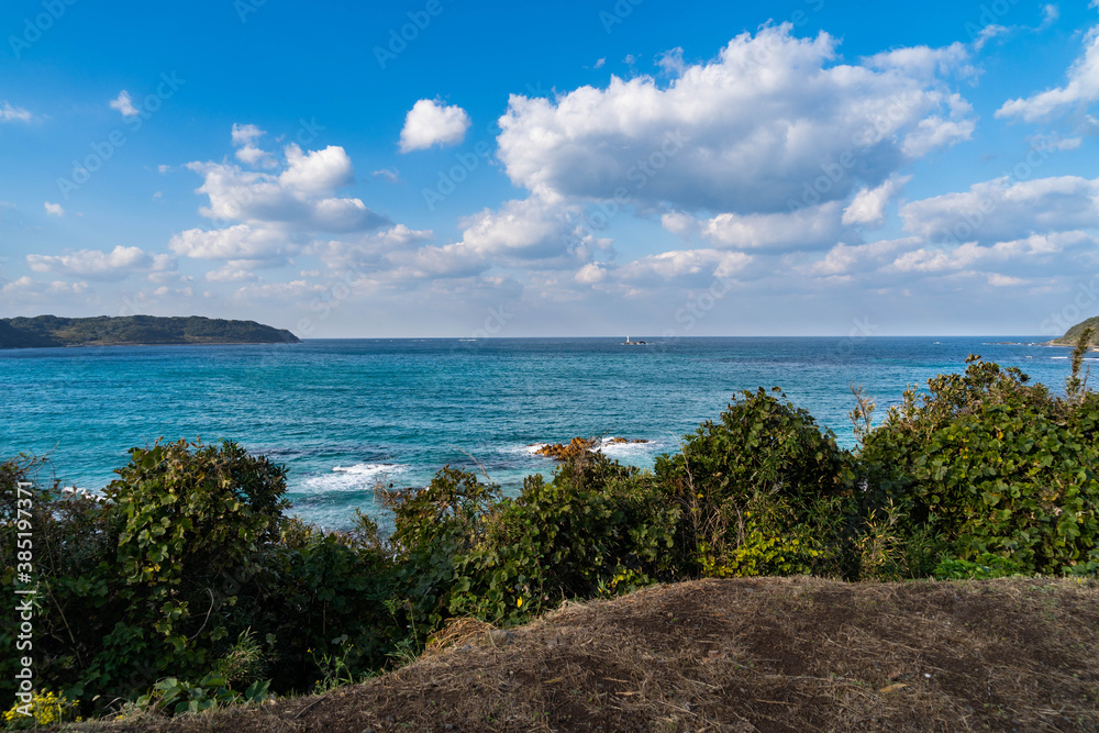 View of seashore from hill in countryside of Yamaguchi prefecture, Japan.