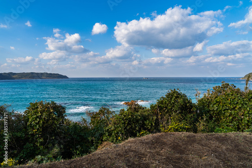 View of seashore from hill in countryside of Yamaguchi prefecture, Japan. © w108av22