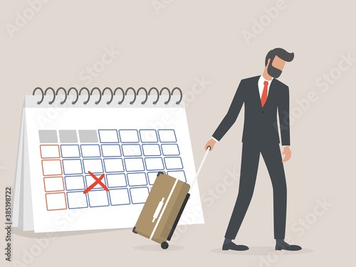 Business trip cancelled, marketing event, plan to launch new product postpone or cancelled due to COVID-19 Coronavirus pandemic concept, sad businessman standing with calendar with red Cancelled stamp