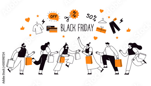 Black Friday Sale Event. Line People Characters with Shopping Bags. Big Discount, Promo Concept, Advertising Poster, Banner. Vector illustration