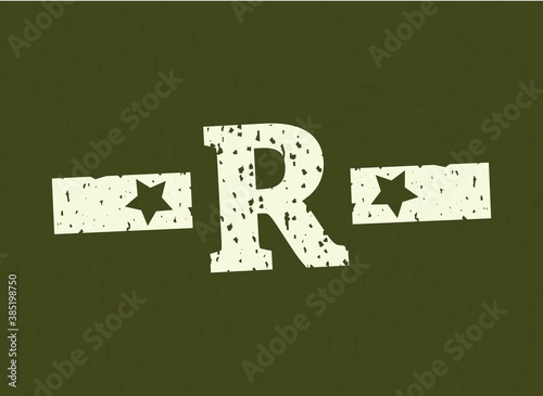 R badge letter Military, Army design with star on camouflage background. Grungy font vector illustration