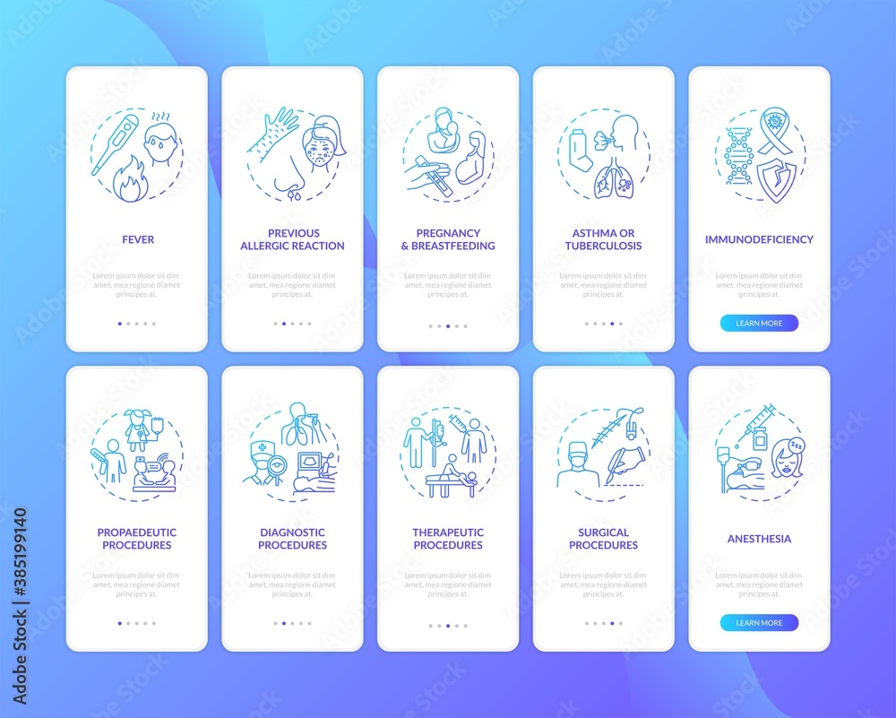 Healthcare services onboarding mobile app page screen with concepts set. Medical procedures and vaccination walkthrough five steps graphic instructions. UI vector template with RGB color illustrations
