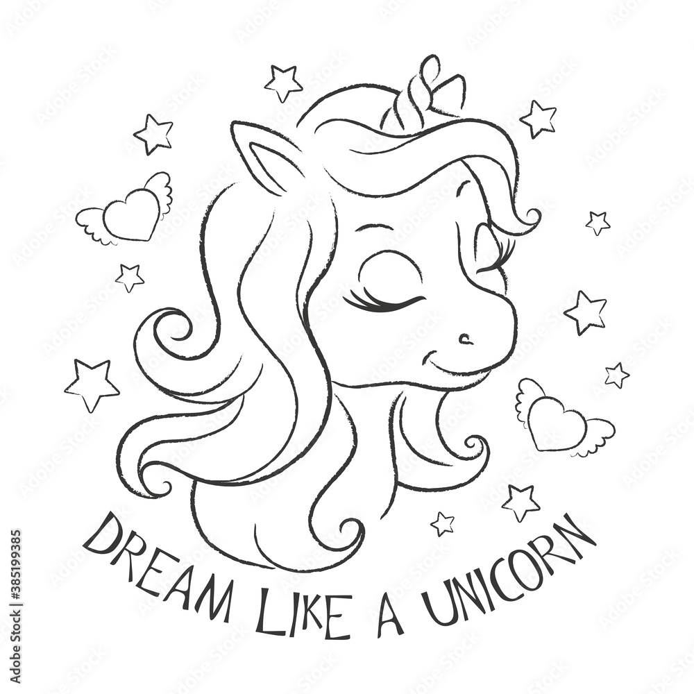 Art. Cute unicorn. Coloring pages. Fashion illustration print in ...