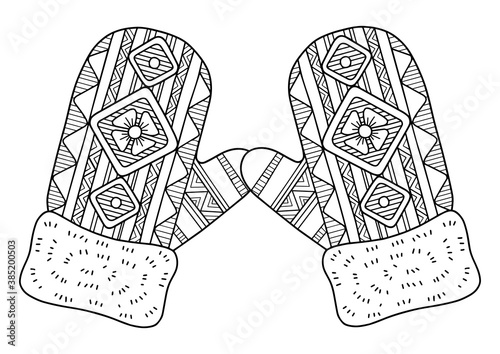 Vector christmas coloring page for adults. Knitted mittens on white background. Elements for Christmas templates, cards and invitation