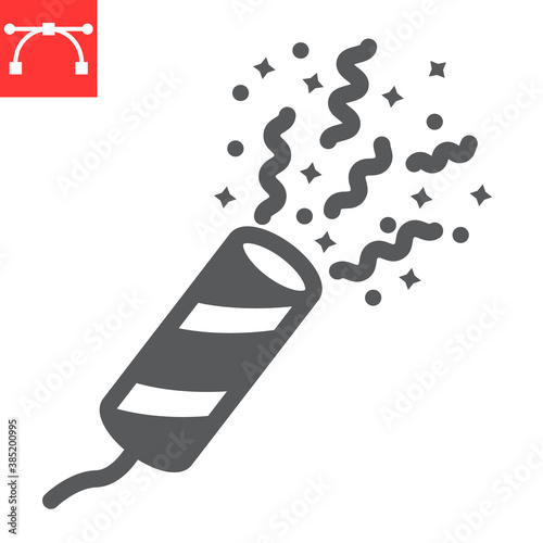 Party popper with confetti glyph icon, merry christmas and streamers, confetti popper cracker sign vector graphics, editable stroke solid icon, eps 10.