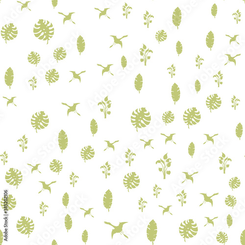 Children's texture. Seamless pattern. Funny dinosaurs and leaves. Pastel colors.