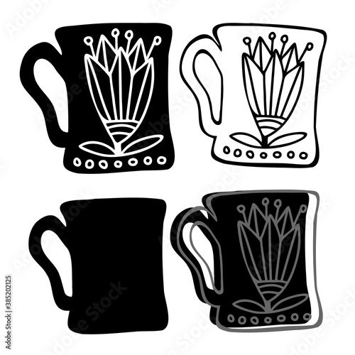 Isolated vector black and white set of silhouettes of ornamental cup with flower