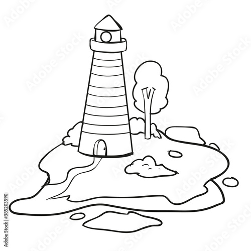 sketch of the lighthouse that stands on the island, coloring book, caricature, isolated object on a white background, vector,