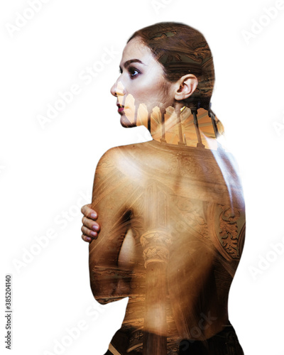 creative double exposure art with young dreamer women and wooden stairs