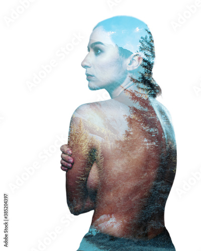 creative colorful double exposure art with young dreamer women and alps landscape 