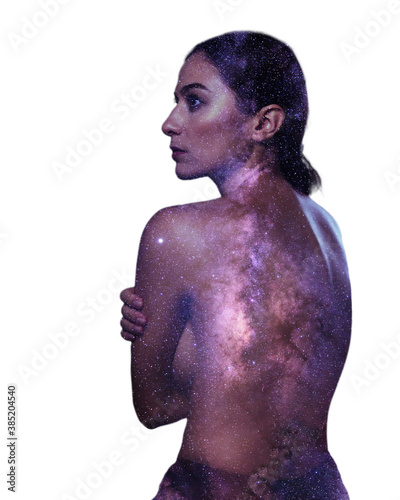 creative colorful double exposure art with young dreamer women and milky way