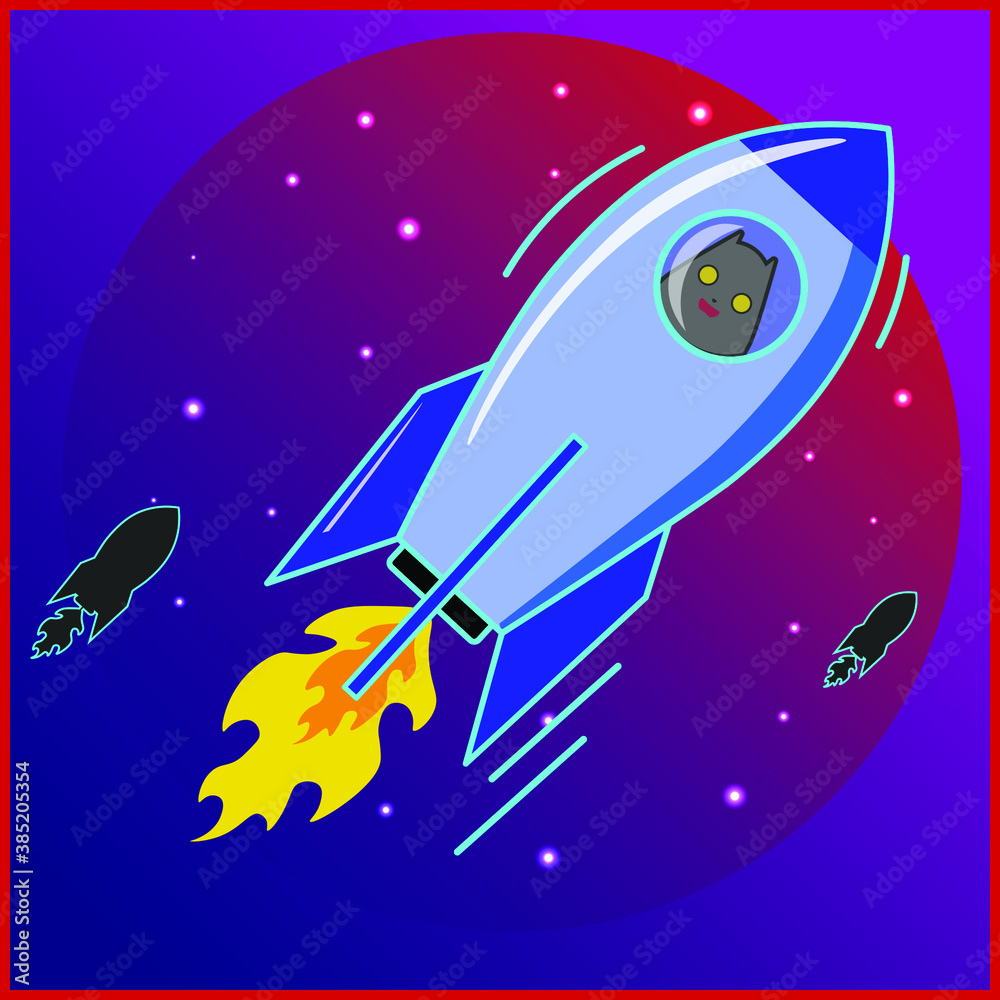 Cat flies on a rocket in outer space. Neon style. The theme of the 80-90-ies. Vector image in eps format. Cat flies on a rocket in outer space. Neon style. The theme of the 80-90-ies. Vector image in eps format.