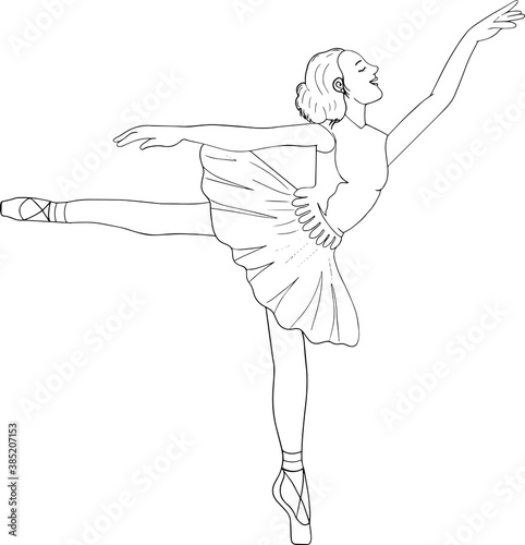 Vector illustration of beautiful happy dancing girl ballerina in tutu and pointe. Hand drawn flat line art style without color girl for t-shirt print, coloring book, web, site, greeting card, poster