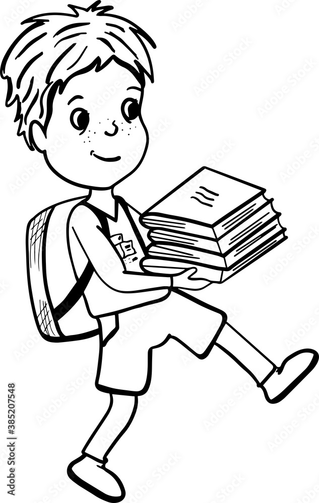 Coloring Page Outline Of cartoon boy with books. Coloring book for kids.Young boy walking and carrying a tall and heavy stack of school books. Coloring Page Outline Of cartoon boy with books. Coloring book for kids.Young boy walking and carrying a tall and heavy stack of school books.