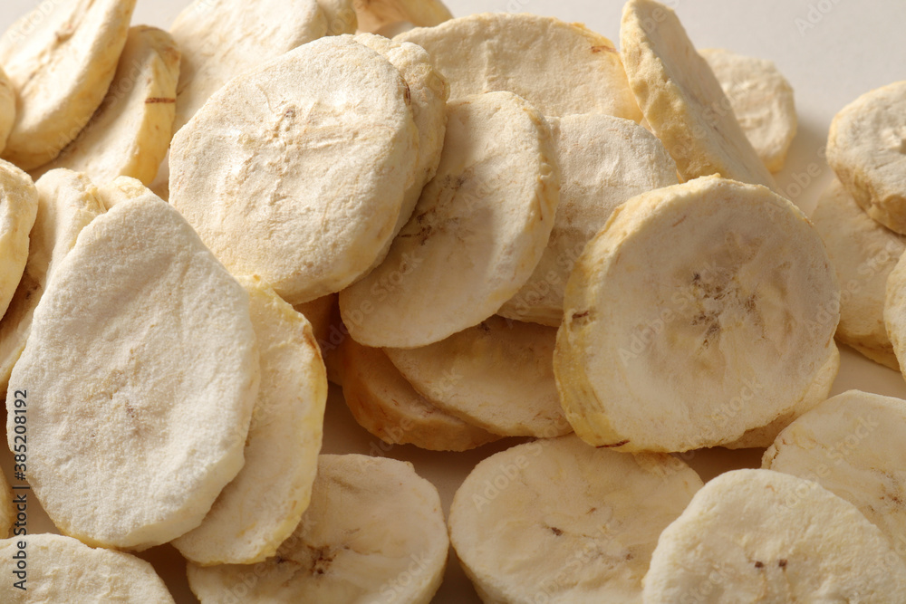 Pile of sweet dehydrated banana slices. Pile of sweet dehydrated banana slices.