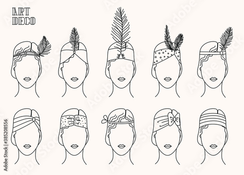 Art Deco set of thin line illustrations of women.  Stylish vintage icons. 20's and 30's roaring vintage style. Glamour retro design elements.