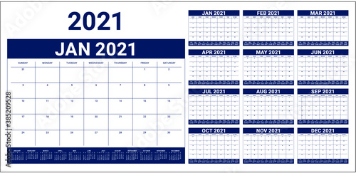 Year 2021 desk calendar vector illustration, simple and clean design. 
