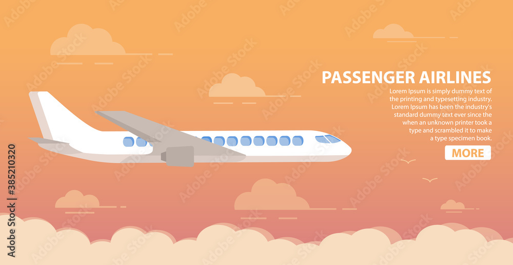 Passenger airlines. Clouds sunset sky airplane.Jet plane.Aviation airliner.Poster flat vector.Travel concept. Banner for the website of the travel company.