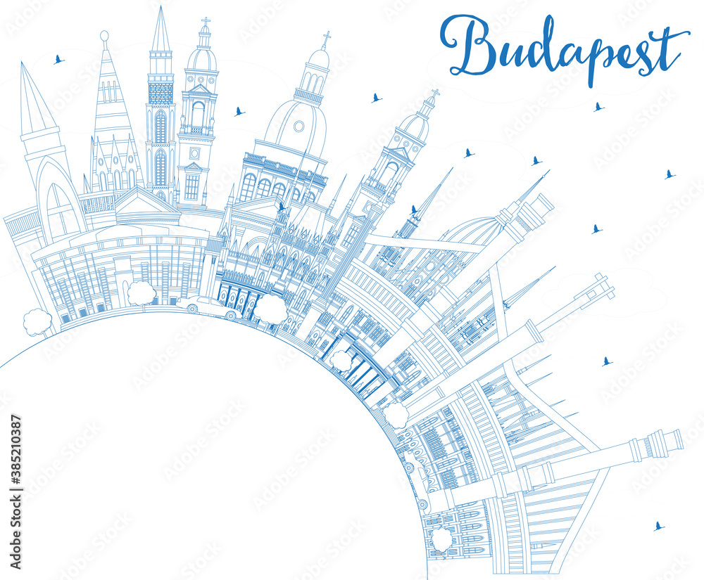 Outline Budapest Hungary City Skyline with Blue Buildings and Copy Space.