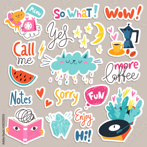 Stickers and labels with funny trendy elements, signs and lettering.