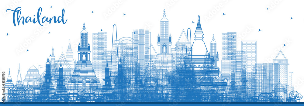 Outline Thailand City Skyline with Blue Buildings.
