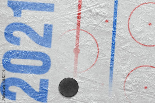 Puck and fragment of the hockey arena with markings