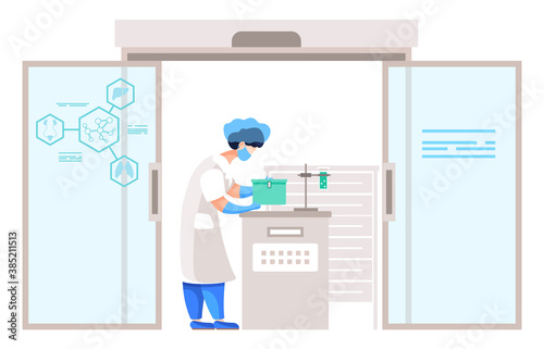 Medical worker in laboratory of hospital or clinics. Female character experimenting and conducting researches alone. Chemist with substance for diagnosis. Scientist or researcher vector in flat style