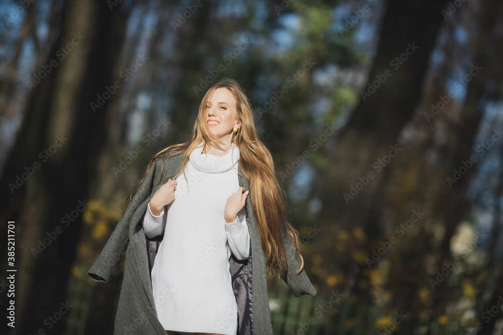 Pretty woman with light brown hair. Portrait of a beautiful smiling woman in an elegant gray coat. Happy young woman walks in the autumn park. Pretty woman with light brown hair. Portrait of a beautiful smiling woman in an elegant gray coat. Happy young woman walks in the autumn park.