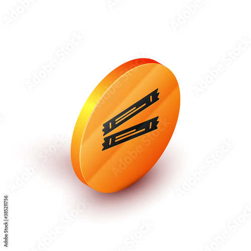Isometric Sugar stick packets icon isolated on white background. Blank individual package for bulk food products as coffee, salt, spices. Orange circle button. Vector.