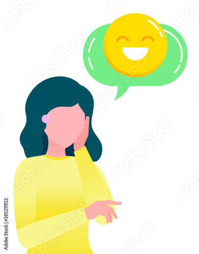 Project startup market target, woman and smile emoji in speech bubble isolated. Vector illustration happy smiley, girl without face, business consultant panning to reach new opportunities flat style