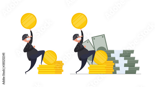 Set for posters and presentations. Two robbers steal gold coins. Two thieves are stealing money. Robbery and security concept. Isolated. Vector.
