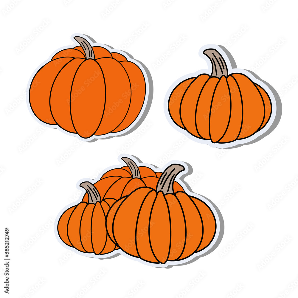 Pumpkin in a flat style. Pumpkin sticker isolated on white background. Good for postcards, banners and social media design. Vector.