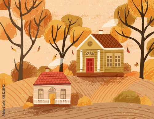Autumn landscape with hygge houses. Countryside fall hand drawn scenery with cozy cottages in the forest. Seasonal colorful vector illustration of beautiful rural scene