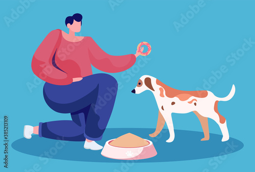Male character feeding pet with special nutritious food. Isolated pet owner with canine animal. Man holding donut sweets showing his puppy. Bowl filled with lunch for doggy, vector illustration