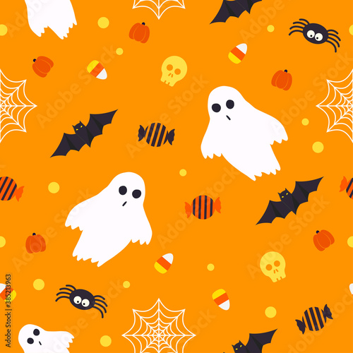 Halloween seamless pattern vector illustration. spooky ghost  bats and candies on orange background