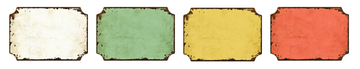 Four empty vintage tin signs on a white background