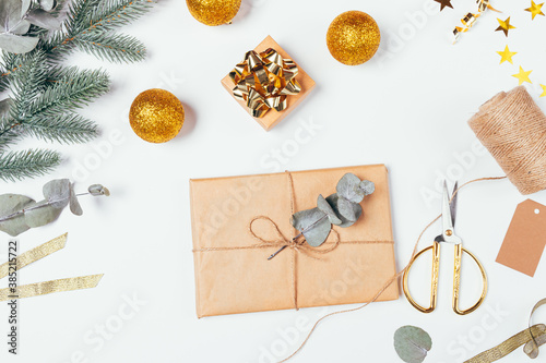 Flat lay Christmas composition with craft gift box