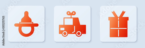 Set Toy car, Baby dummy pacifier and Gift box. White square button. Vector.
