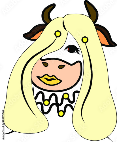 humanized portrait of a blonde cow, drawn in vector, on a white background isolated