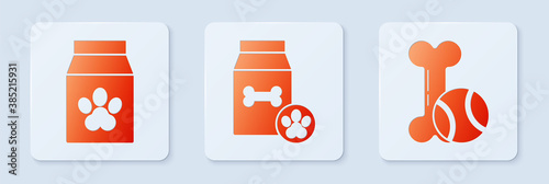 Set Bag of food for pet, Bag of food for pet and Pet toys bone rubber and ball. White square button. Vector.