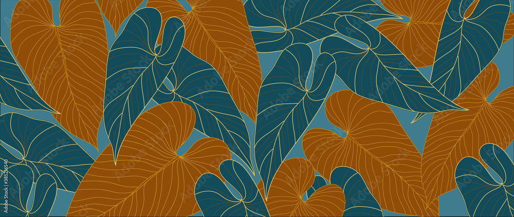 Hand drawn leaves line arts Vector  background, Abstract leaf pattern, Autumn wallpaper, Tropical leaves design for fabric, Wrapping paper, prints, Vector illustration.
