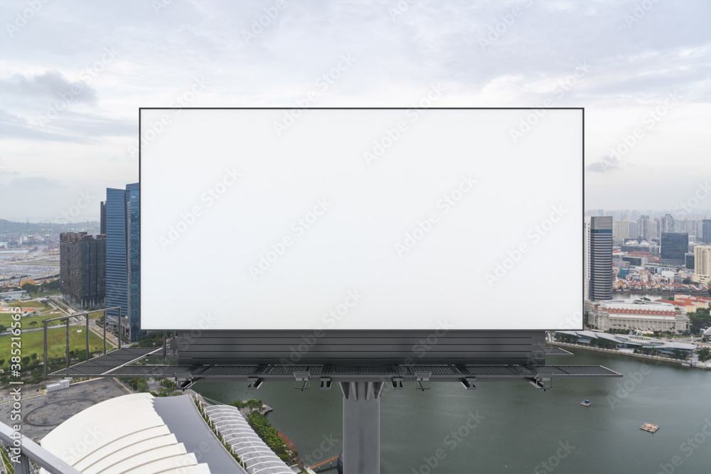 Blank white road billboard with Singapore cityscape background at day time. Street advertising poster, mock up, 3D rendering. Front view. The concept of marketing communication to promote.