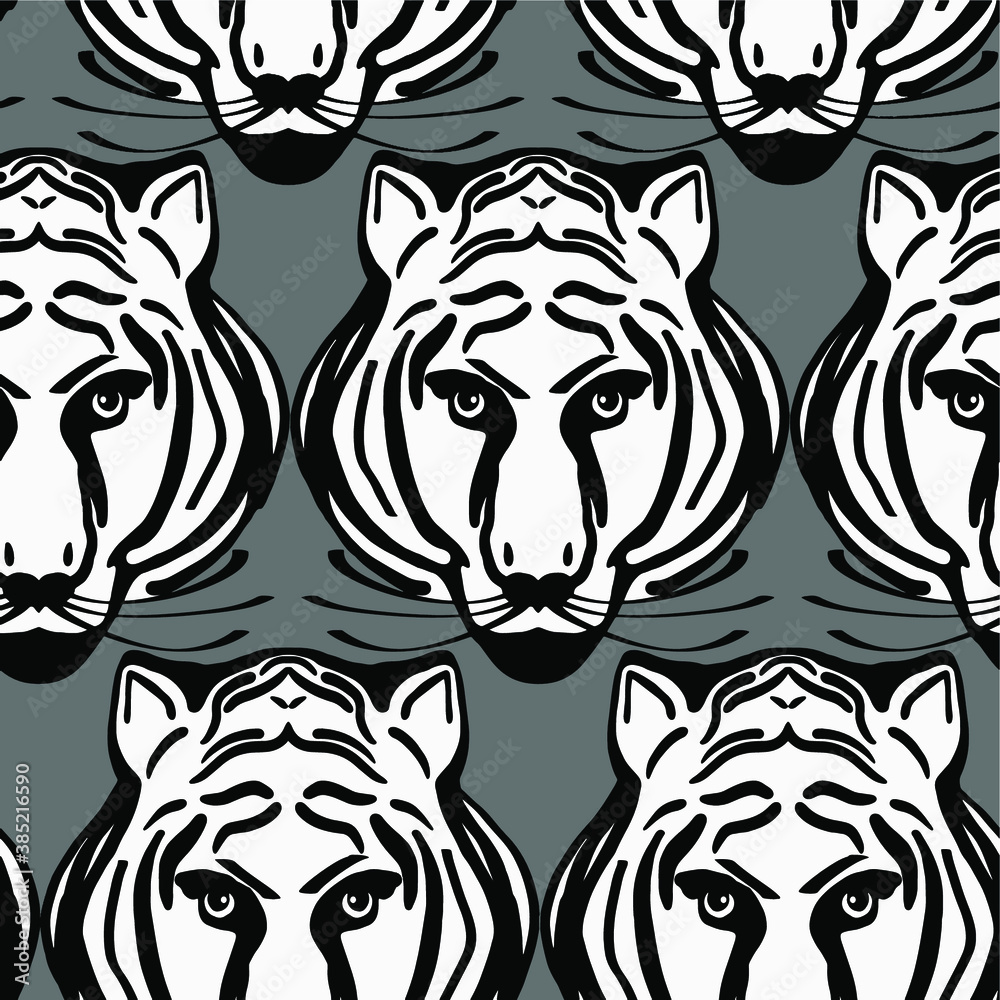 Obraz premium Abstract Hand Drawing Tribal Tiger Heads Repeating Vector Pattern Isolated Background