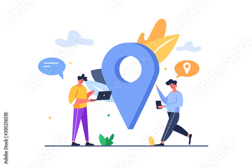 Two guys in mobile devices looking for their location, big pin, isolated on white background, flat vector illustration
