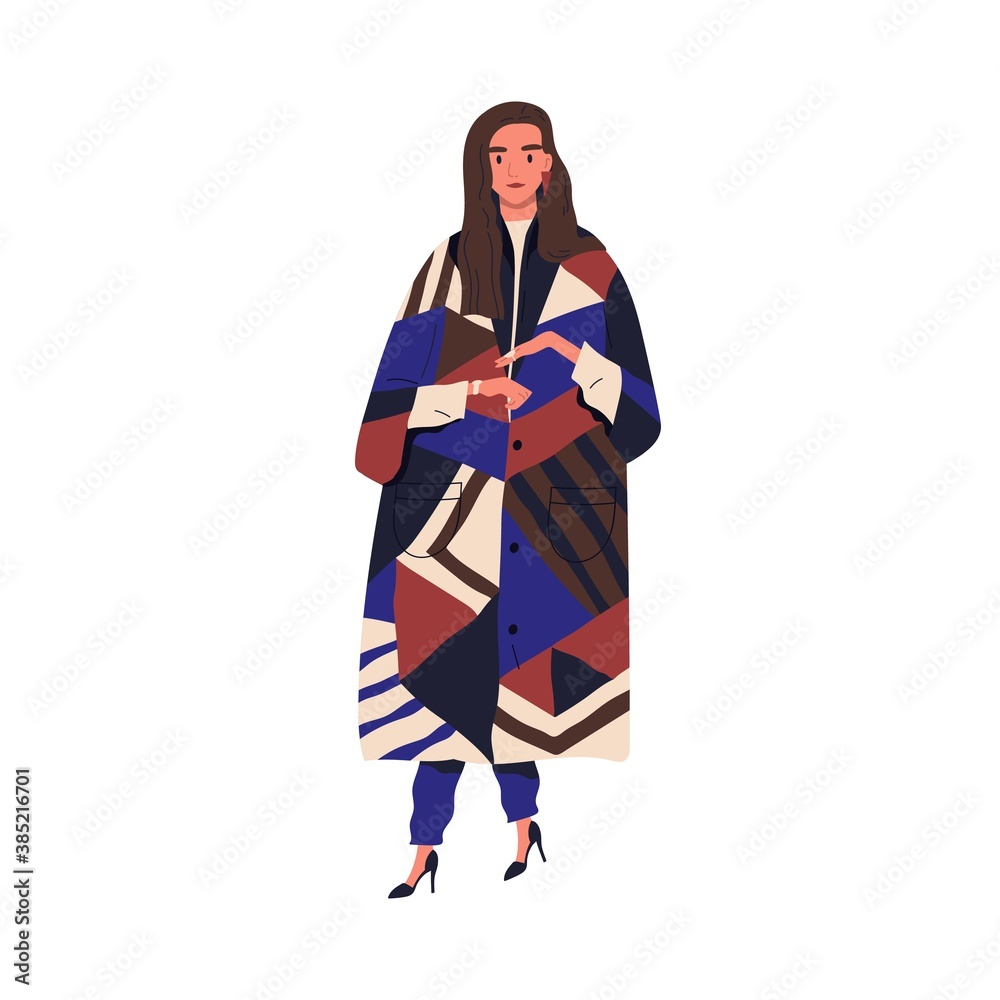 Young stylish woman in fashionable autumn outerwear. Female character demonstrating trendy clothes. Cheerful woman in elegant warm oversize coat. Flat vector cartoon illustration isolated on white