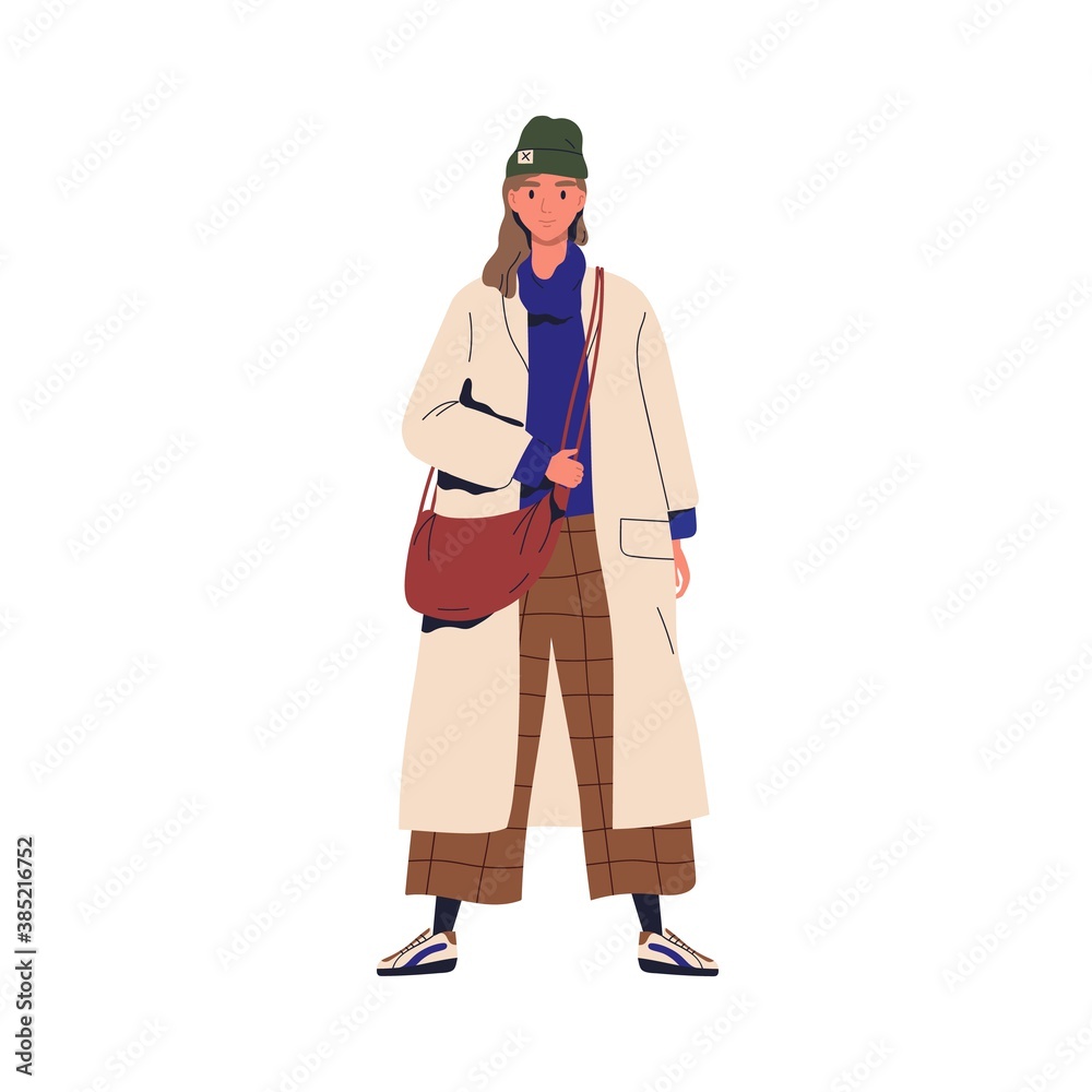 Young stylish woman demonstrating trendy outwear. Female character in fashionable autumn outfit. Cheerful woman wearing oversize coat. Flat vector cartoon illustration isolated on white