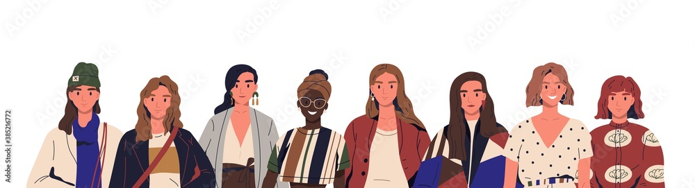 Group of stylish young women in trendy clothes. Multinational female fashionable characters together. Concept of diversity, sisterhood. Flat vector cartoon illustration isolated on white Group of stylish young women in trendy clothes. Multinational female fashionable characters together. Concept of diversity, sisterhood. Flat vector cartoon illustration isolated on white