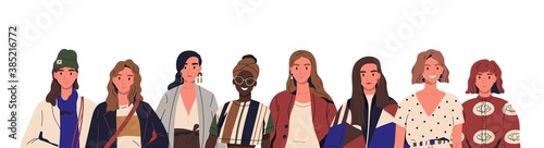 Group of stylish young women in trendy clothes. Multinational female fashionable characters together. Concept of diversity, sisterhood. Flat vector cartoon illustration isolated on white
