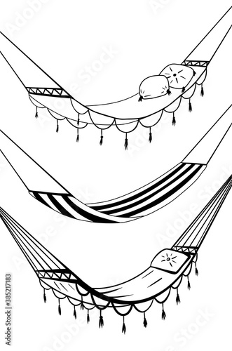 Set of various sketch hammocks. Rest and healthy sleep. Vector ink contour object for cards, banners and your creativity.